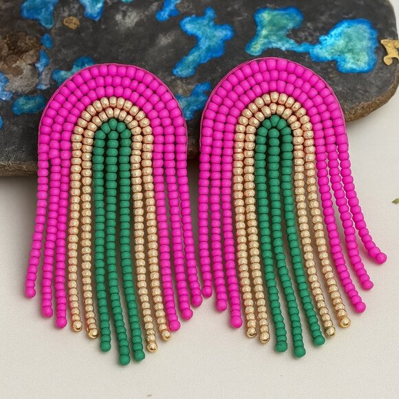 🆕🌈Boho Chic Rainbow Seed Bead Tassel Earrings – Handcrafted Dangle Earrings 🌟 - Picture 1 of 9